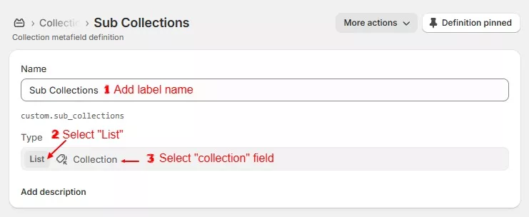 Create metafield for sub collections list