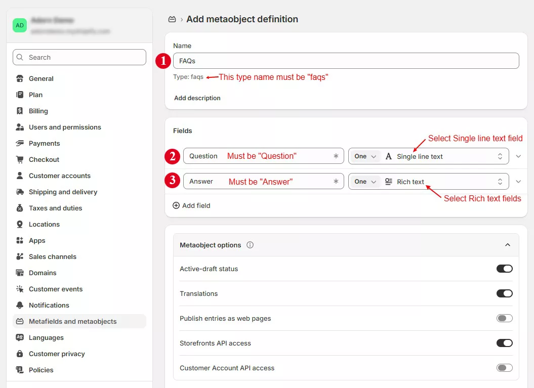 FAQ's tab metaobject settings for adorn themes