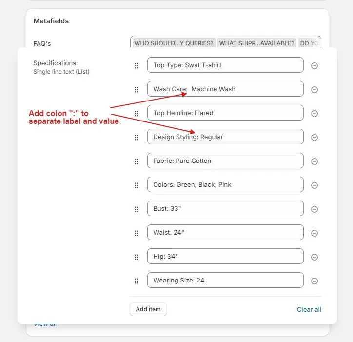 how to show product specification tab on Shopify product page