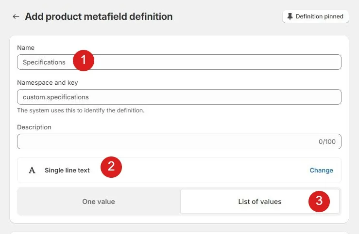 product specification tab on Shopify product page