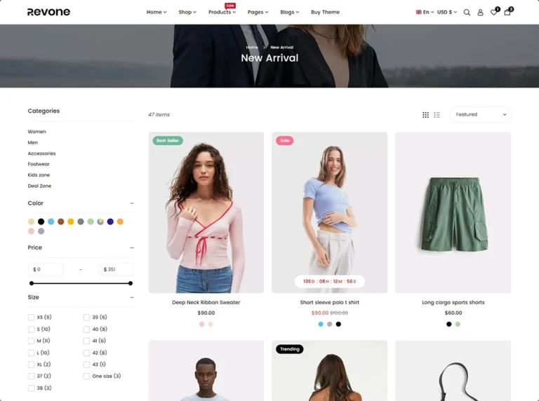 Revone collection page with sidebar filters and page image banner