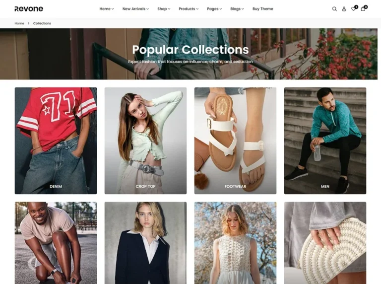 Revone Shopify theme collection list page with banner image and collections grid