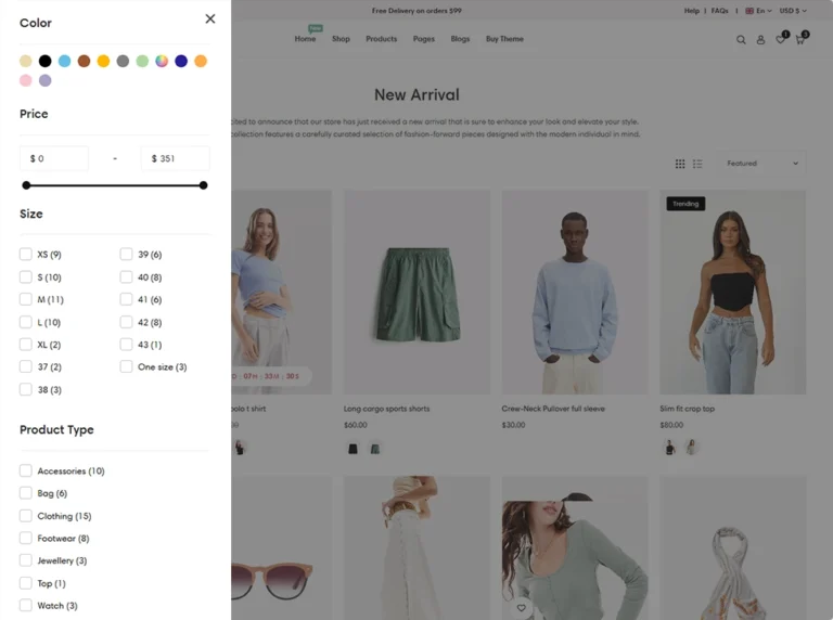 Shopify collection page with popup filters and load more button navigation