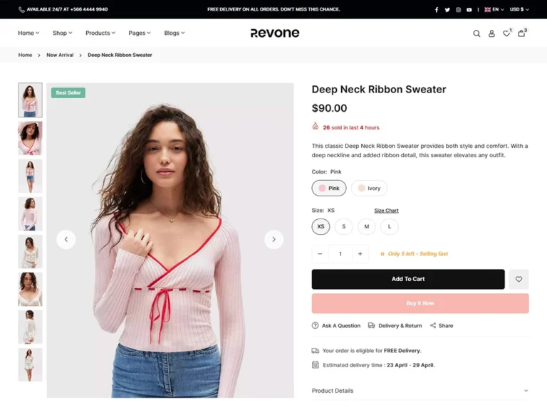 Revone Shopify theme product page layout with sticky add-to-cart and video support