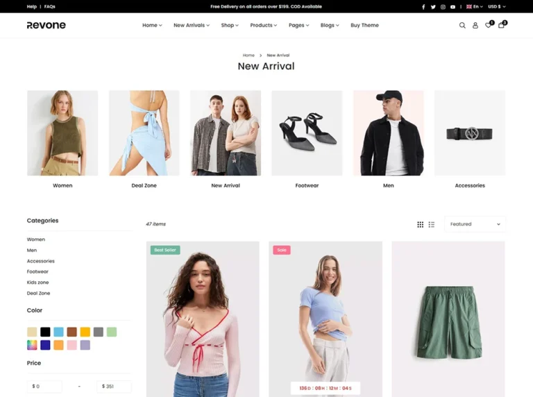 Shopify collection page with sidebar filters and infinite scroll navigation