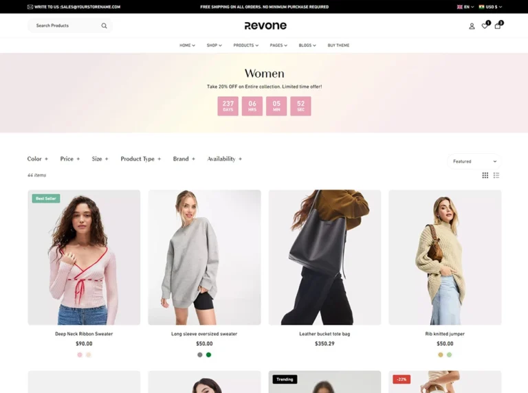 Revone Shopify collection page with countdown in page banner