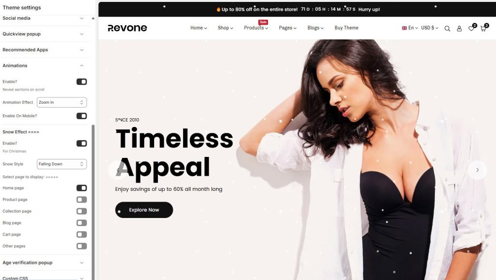 Snow animation in Revone shopify theme