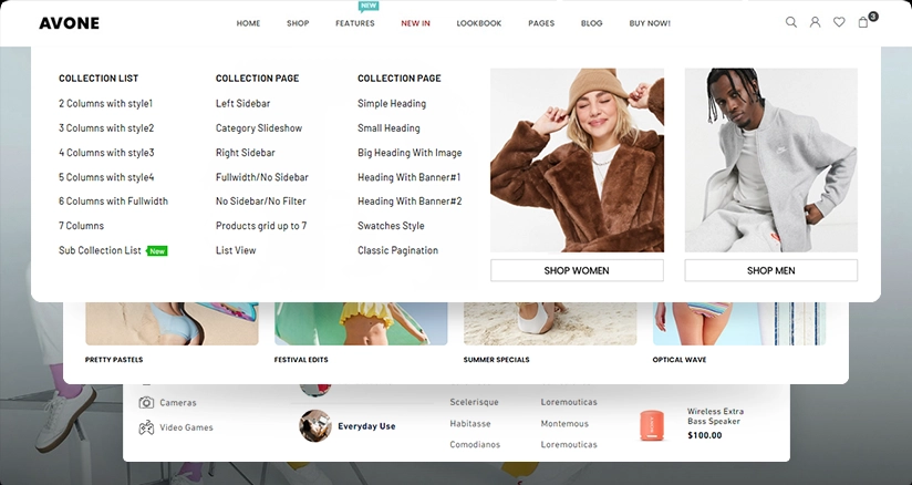 Avone theme mega menu styles
