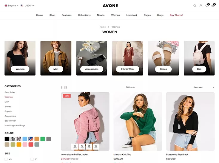 Avone collection page with sub collections