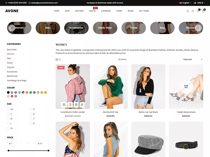Sub collection menu option in Avone Shopify theme