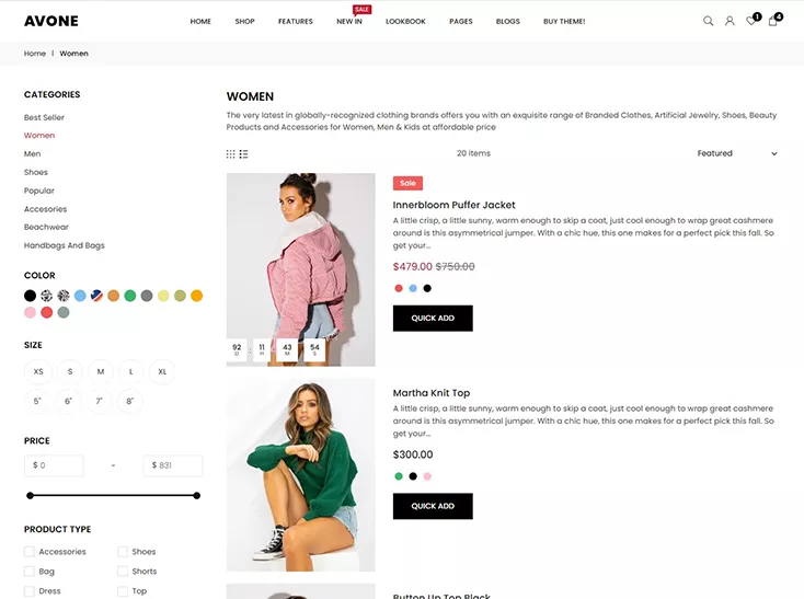 List view collection page style of Avone Shopify theme