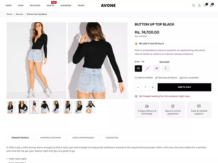 Avone shopify theme product page design two column
