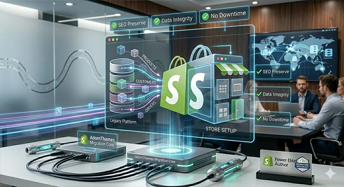 Secure Shopify store migration and setup visualization showing seamless data transfer, SEO preservation, and no-downtime platform switching