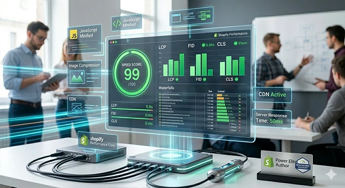Technical Shopify speed optimization dashboard showing Core Web Vitals audit, LCP improvement, and 99+ PageSpeed Insights score