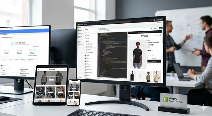 Professional Shopify theme development featuring custom Liquid programming and mobile-first UI design by Power Elite Author AdornThemes