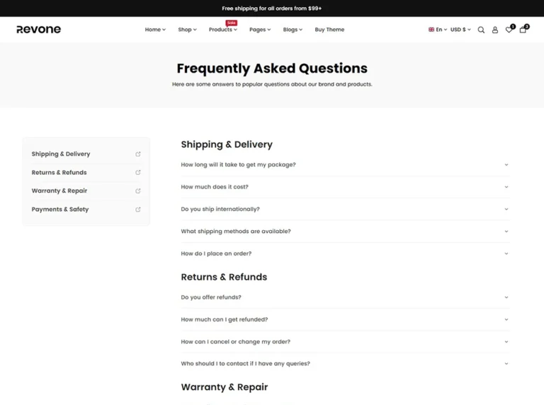 Revone shopify theme FAQs page design