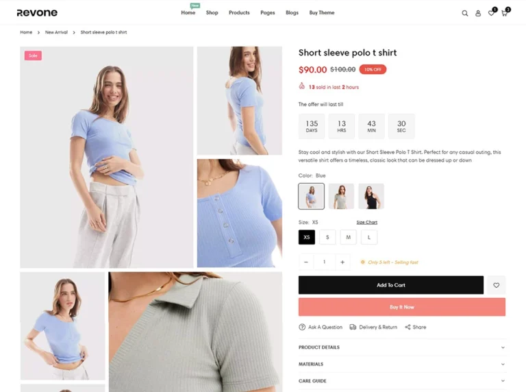 Revone Shopify theme product page advance gallery layout with variant color swathes