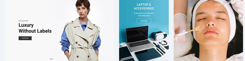 Showcase of banners sections and customizable blocks built into Vogal Shopify theme