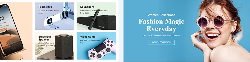 Showcase of Image grid banners and customizable sections built into Vogal Shopify theme