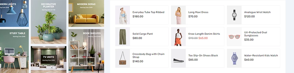 Showcase of products sections and customizable blocks built into Vogal Shopify theme