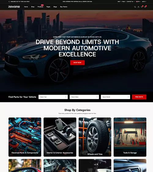 Revone multipurpose Shopify theme Auto mobile homepage layout with year make modal filters